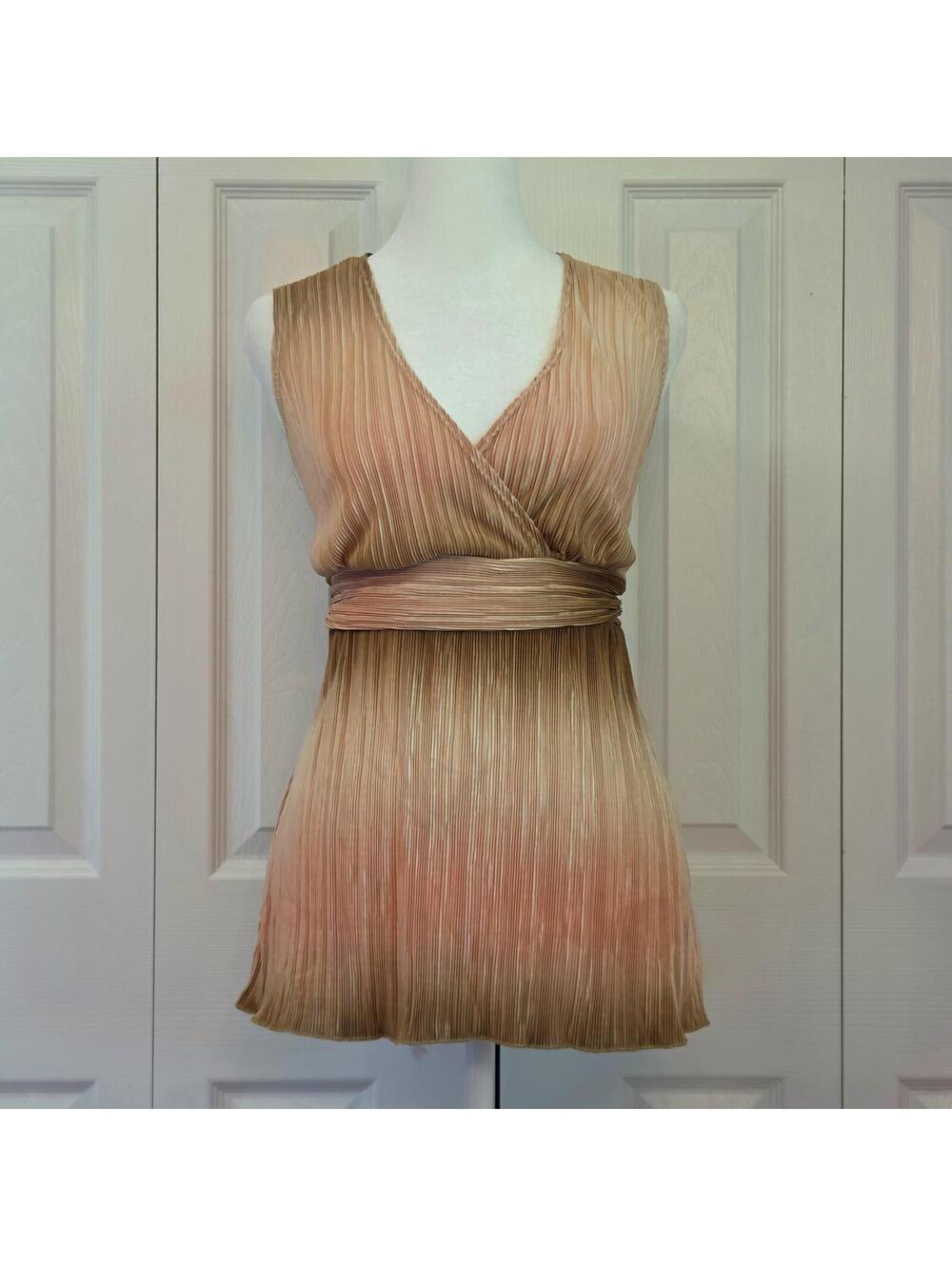 Vintage Y2K Pink Brown Crinkle Babydoll Tank Top Size S Boho Goddess Glam Blouse